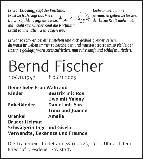 Traueranzeige von Bernd Fischer von Trauerkombi Wittenberg