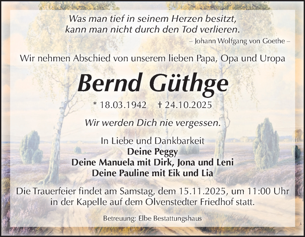  Traueranzeige für Bernd Güthge vom 08.11.2025 aus Volksstimme Magdeburg