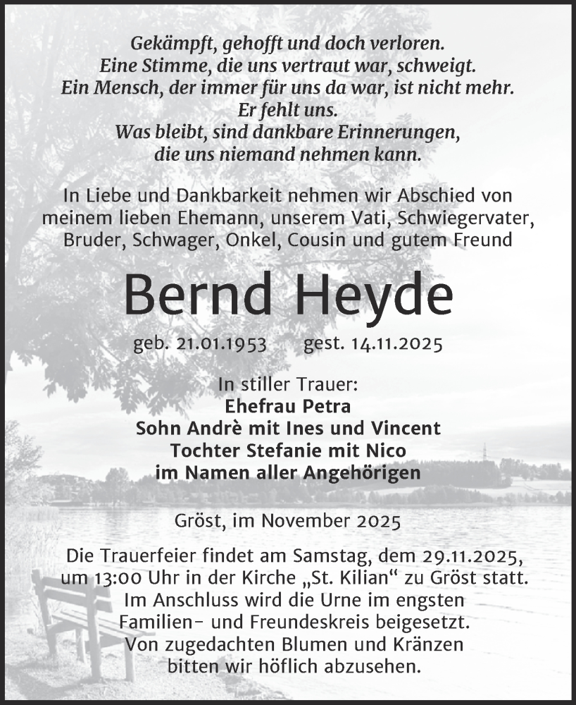  Traueranzeige für Bernd Heyde vom 22.11.2025 aus Trauerkombi Merseburg