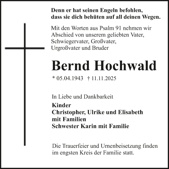 Traueranzeige von Bernd Hochwald von Trauerkombi Wittenberg