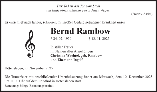Traueranzeige von Bernd Rambow von Volksstimme Oschersleben/Wanzleben