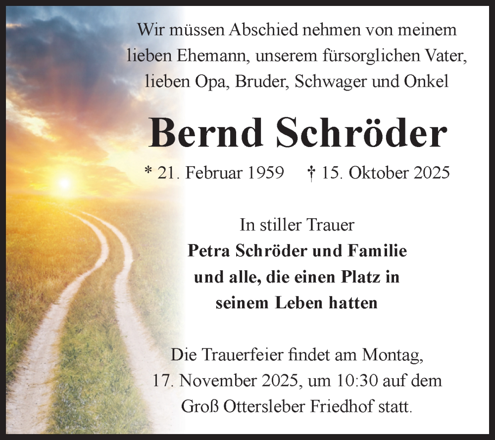  Traueranzeige für Bernd Schröder vom 01.11.2025 aus Volksstimme Magdeburg