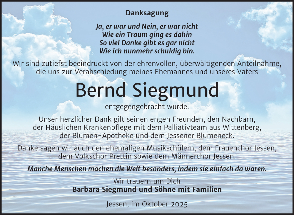  Traueranzeige für Bernd Siegmund vom 22.11.2025 aus Trauerkombi Wittenberg