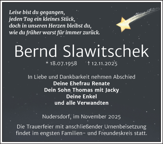 Traueranzeige von Bernd Slawitschek von Trauerkombi Wittenberg