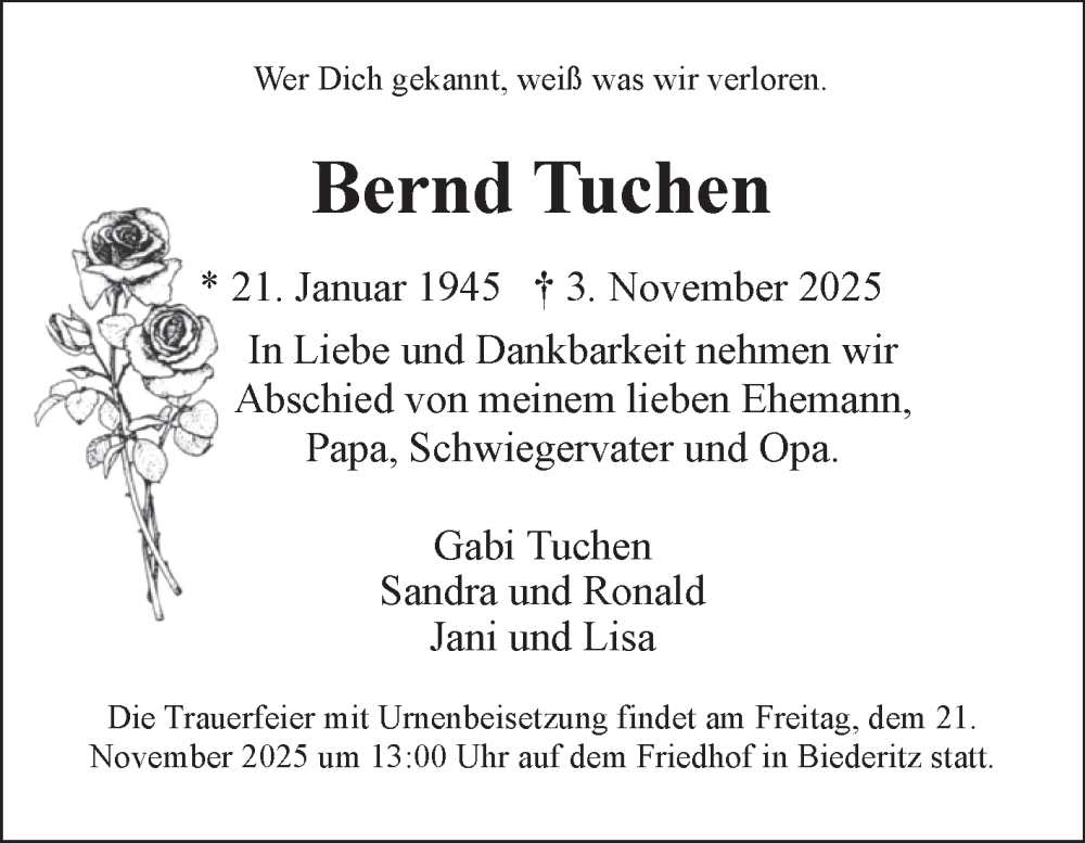  Traueranzeige für Bernd Tuchen vom 08.11.2025 aus Volksstimme Magdeburg