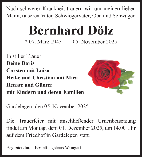Traueranzeige von Bernhard Dölz von Volksstimme Altmark West