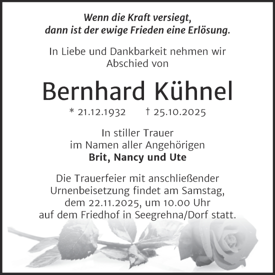Traueranzeige von Bernhard Kühnel von Trauerkombi Wittenberg