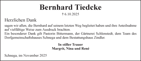 Traueranzeige von Bernhard Tiedcke von Volksstimme Altmark West