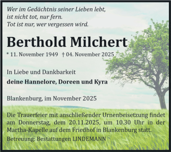 Traueranzeige von Berthold Milchert von Volksstimme Wernigerode