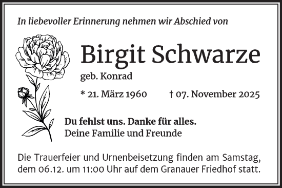 Traueranzeige von Birgit Schwarze von Mitteldeutsche Zeitung Halle/Saalkreis