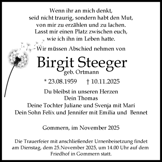 Traueranzeige von Birgit Steeger von Volksstimme Burg/Genthin