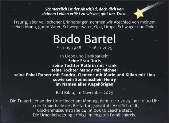 Traueranzeige von Bodo Bartel von Super Sonntag Naumburg/Nebra