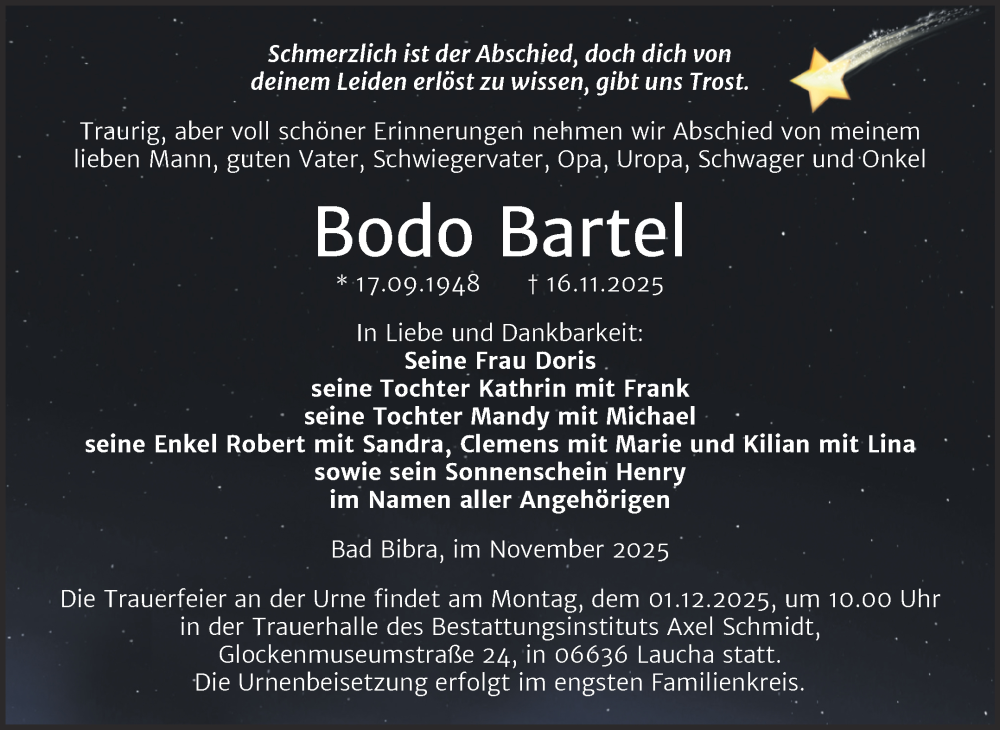 Traueranzeige für Bodo Bartel vom 22.11.2025 aus Super Sonntag Naumburg/Nebra