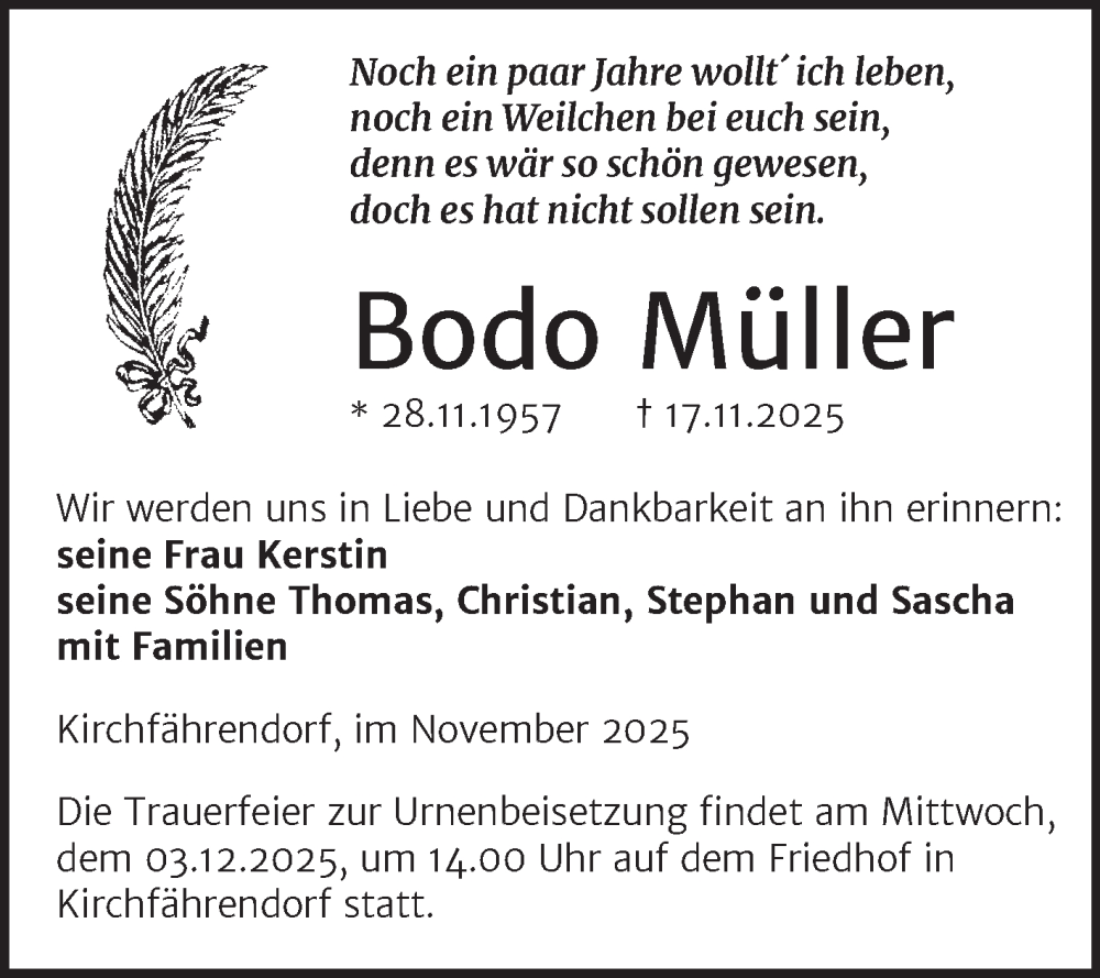  Traueranzeige für Bodo Müller vom 22.11.2025 aus Trauerkombi Merseburg