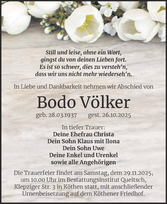 Traueranzeige von Bodo Völker von Trauerkombi Köthen