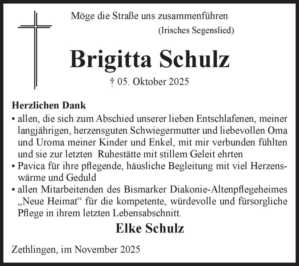  Traueranzeige für Brigitta Schulz vom 13.11.2025 aus Volksstimme Altmark West