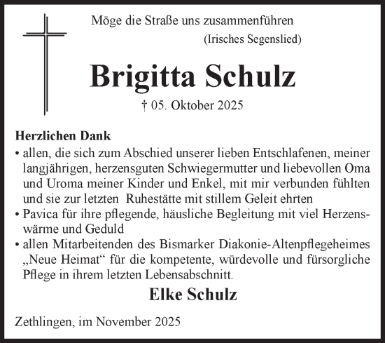 Traueranzeige von Brigitta Schulz von Volksstimme Altmark West