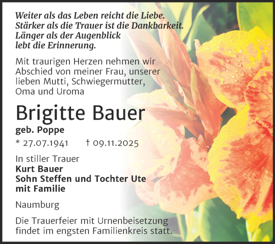 Traueranzeige von Brigitte Bauer von Naumburger Tageblatt