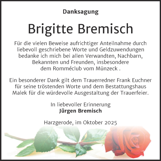 Traueranzeige von Brigitte Bremisch von Trauerkombi Quedlinburg