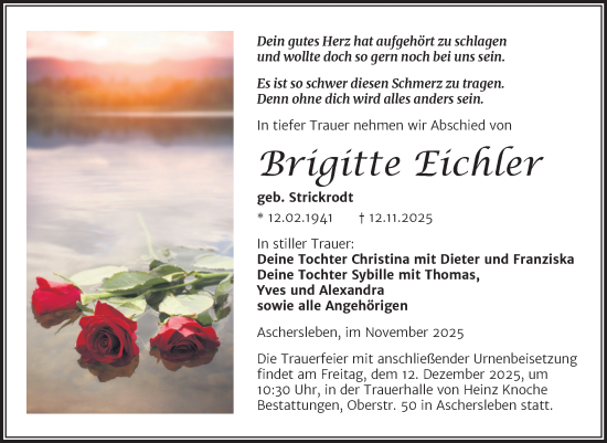 Traueranzeige von Brigitte Eichler von Trauerkombi Aschersleben