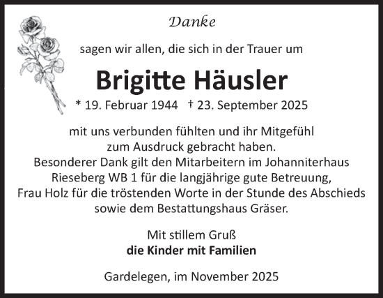 Traueranzeige von Brigitte Häusler von Volksstimme Altmark West