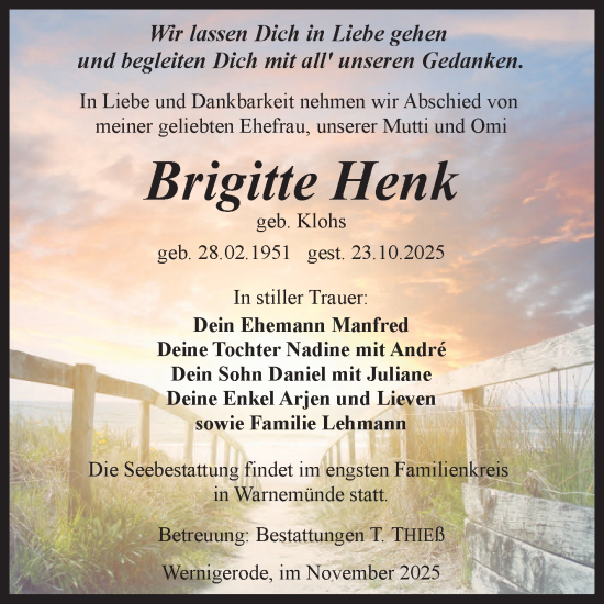 Traueranzeige von Brigitte Henk von Volksstimme Wernigerode