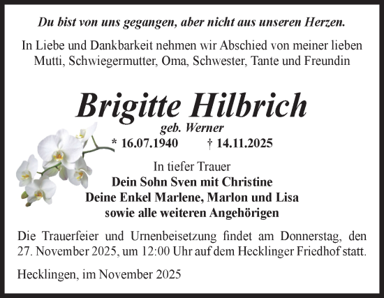 Traueranzeige von Brigitte Hilbrich von Volksstimme Staßfurt