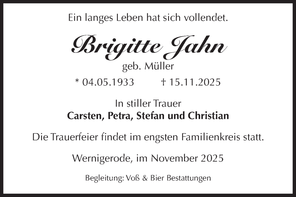 Traueranzeige für Brigitte Jahn vom 22.11.2025 aus Volksstimme Wernigerode