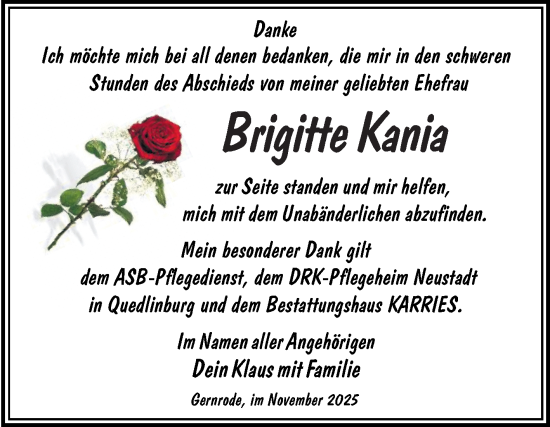 Traueranzeige von Brigitte Kania von Trauerkombi Quedlinburg