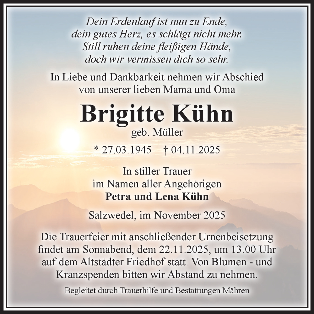  Traueranzeige für Brigitte Kühn vom 08.11.2025 aus Volksstimme Altmark West