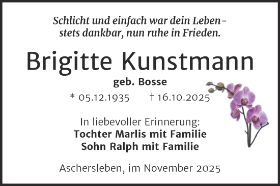 Traueranzeige von Brigitte Kunstmann von Trauerkombi Aschersleben