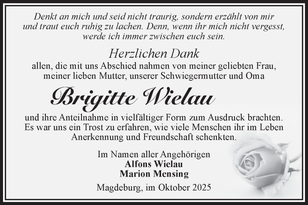  Traueranzeige für Brigitte Wielau vom 01.11.2025 aus Volksstimme Magdeburg