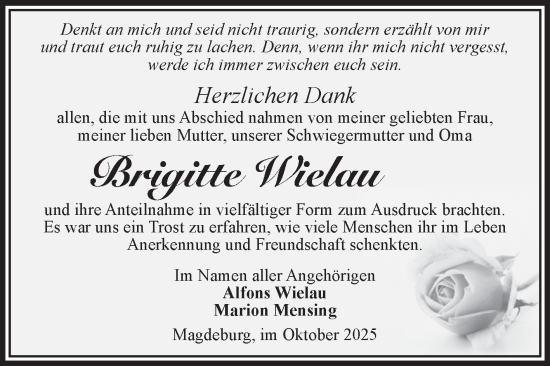 Traueranzeige von Brigitte Wielau von Volksstimme Magdeburg