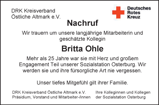 Traueranzeige von Britta Ohle von Volksstimme Altmark Ost