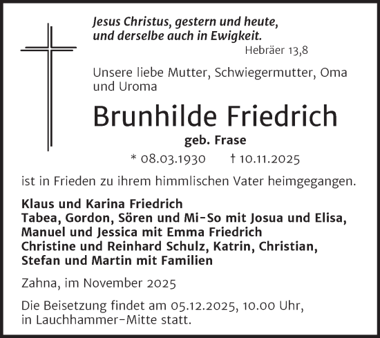 Traueranzeige von Brunhilde Friedrich von Trauerkombi Wittenberg