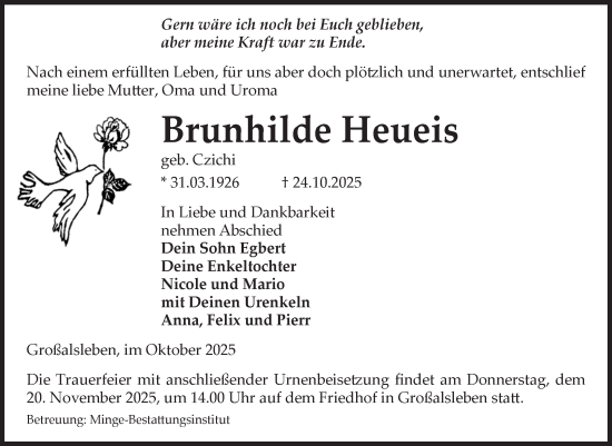Traueranzeige von Brunhilde Heueis von Volksstimme Oschersleben/Wanzleben