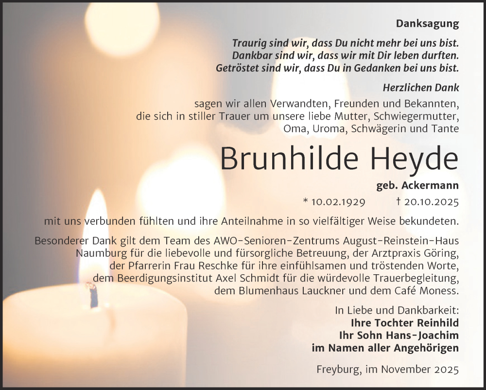  Traueranzeige für Brunhilde Heyde vom 22.11.2025 aus Naumburger Tageblatt