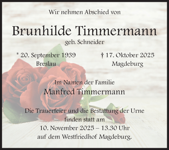 Traueranzeige von Brunhilde Timmermann von Volksstimme Magdeburg