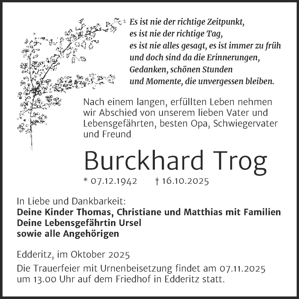  Traueranzeige für Burckhard Trog vom 01.11.2025 aus Trauerkombi Köthen
