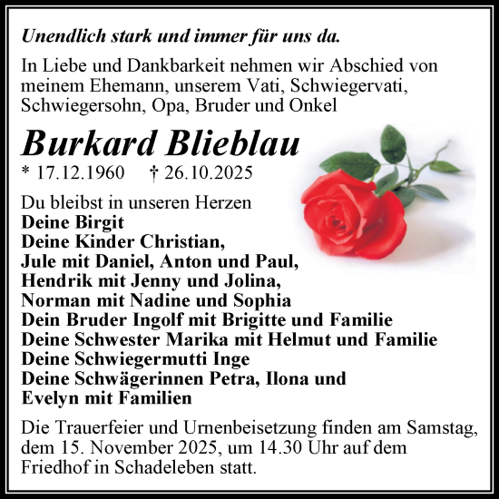 Traueranzeige von Burkard Blieblau von Trauerkombi Aschersleben