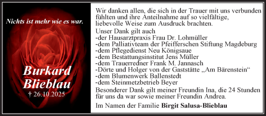 Traueranzeige von Burkard Blieblau von Trauerkombi Aschersleben