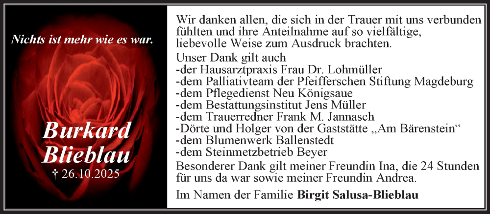  Traueranzeige für Burkard Blieblau vom 22.11.2025 aus Trauerkombi Aschersleben