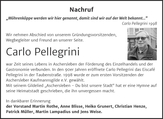 Traueranzeige von Carlo Pellegrini von Super Sonntag Aschersleben