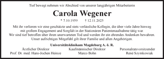 Traueranzeige von Carola Wegener von Volksstimme Magdeburg
