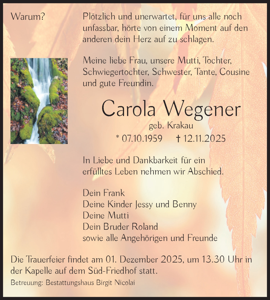  Traueranzeige für Carola Wegener vom 22.11.2025 aus Volksstimme Magdeburg