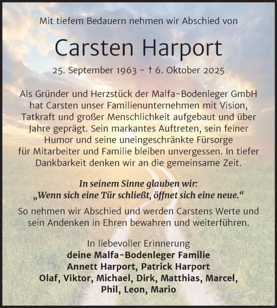Traueranzeige von Carsten Harport von Super Sonntag Merseburg/Querfurt