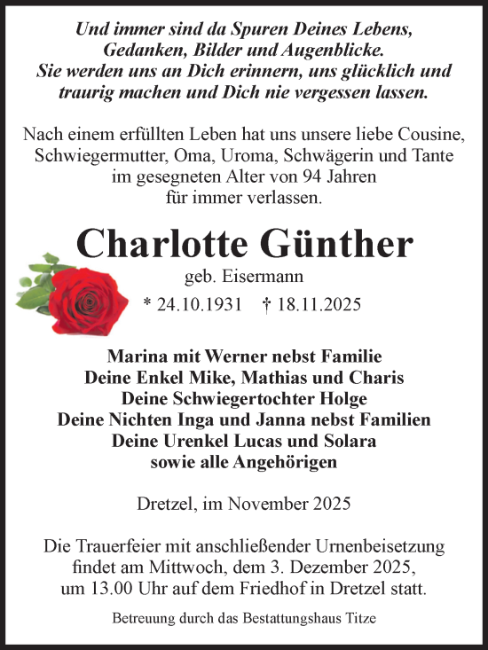 Traueranzeige von Charlotte Günther von Volksstimme Burg/Genthin