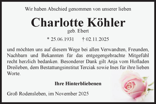 Traueranzeige von Charlotte Köhler von Volksstimme Oschersleben/Wanzleben
