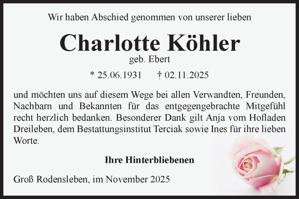  Traueranzeige für Charlotte Köhler vom 22.11.2025 aus Volksstimme Oschersleben/Wanzleben