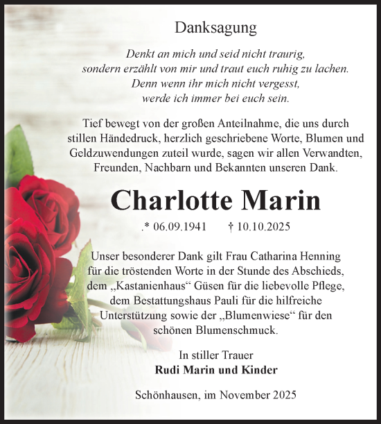 Traueranzeige von Charlotte Marin von Volksstimme Altmark Ost